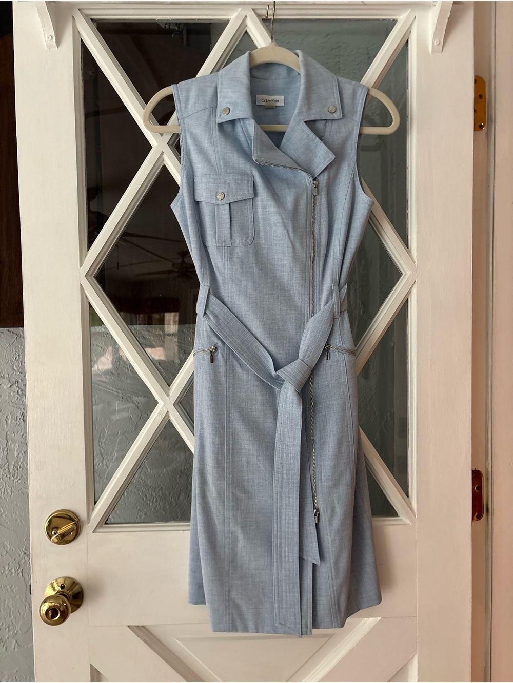 Calvin Klein Pale Blue Sleeveless Zip-Front Midi Dress